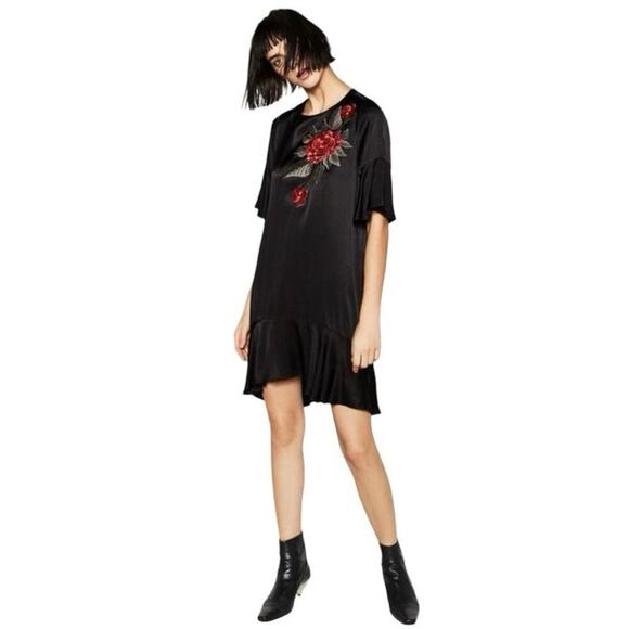Zara Women’s Rose Embroidered Satin Knee Length Dress Black Size Small - Picture 1 of 9